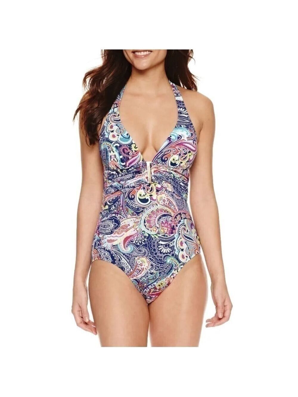 Liz Claiborne Paisley One Piece Swimsuit Women’s Size 6 Gold Embellishments